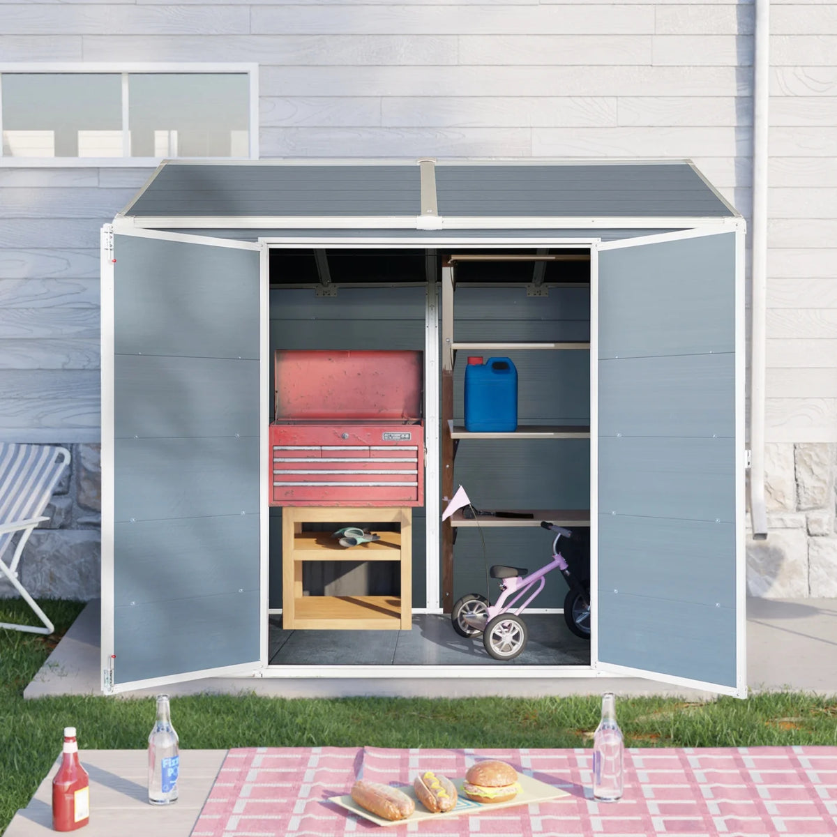 8x4 FT Outdoor Storage Shed with Floor, Resin Garden Sheds with Lockable Door, Vents & Windows, Weather Resistant Tool Shed with Sloped Roof for Backyard Patio, Grey