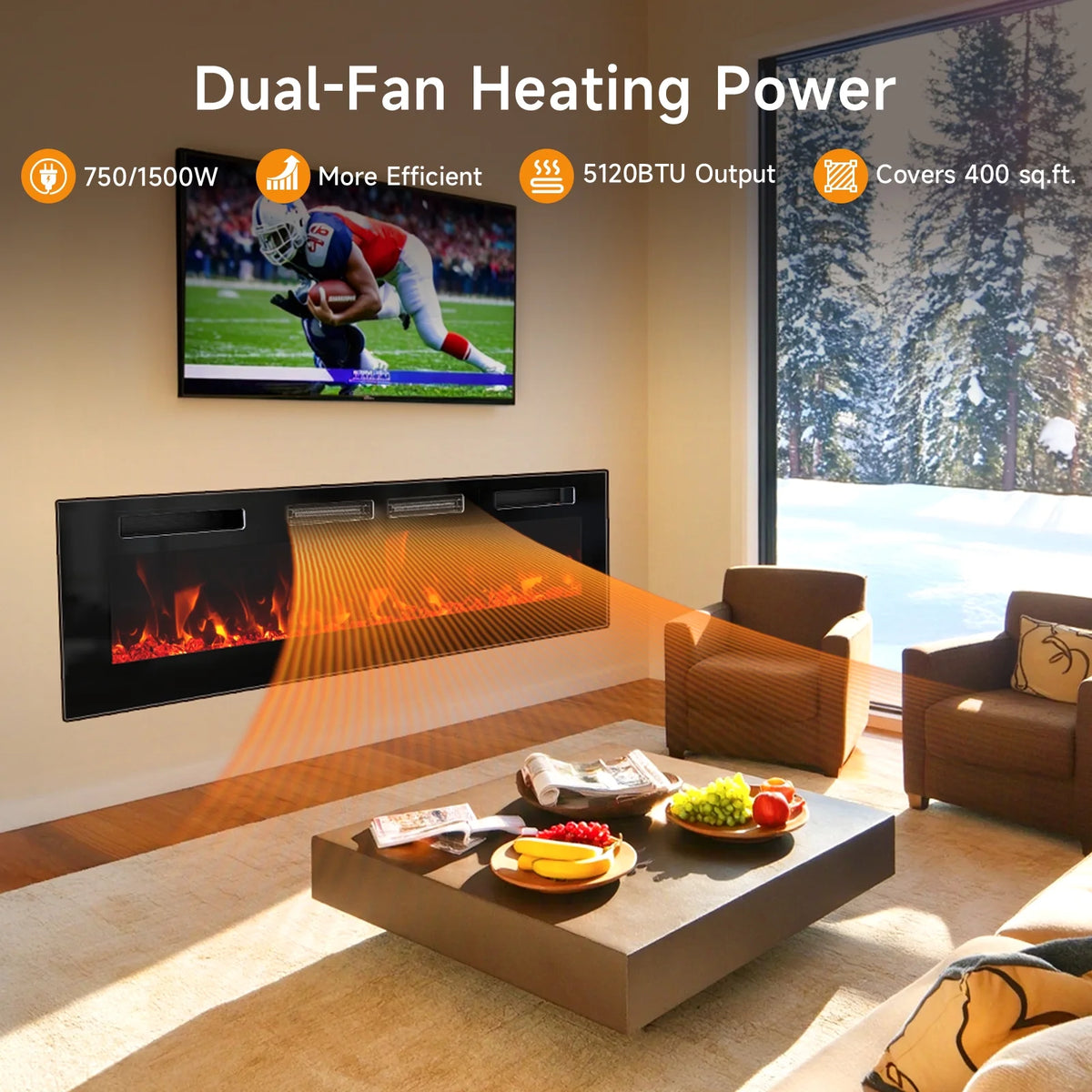 Dovov 50" Wall Mounted Electric Fireplace, Recessed Mirrored Fireplace Heater 750/1500W Ultra Thin Linear Fireplace with Remote Control, Touch Screen, Timer, 2 Heat Fans, Multicolor Flame