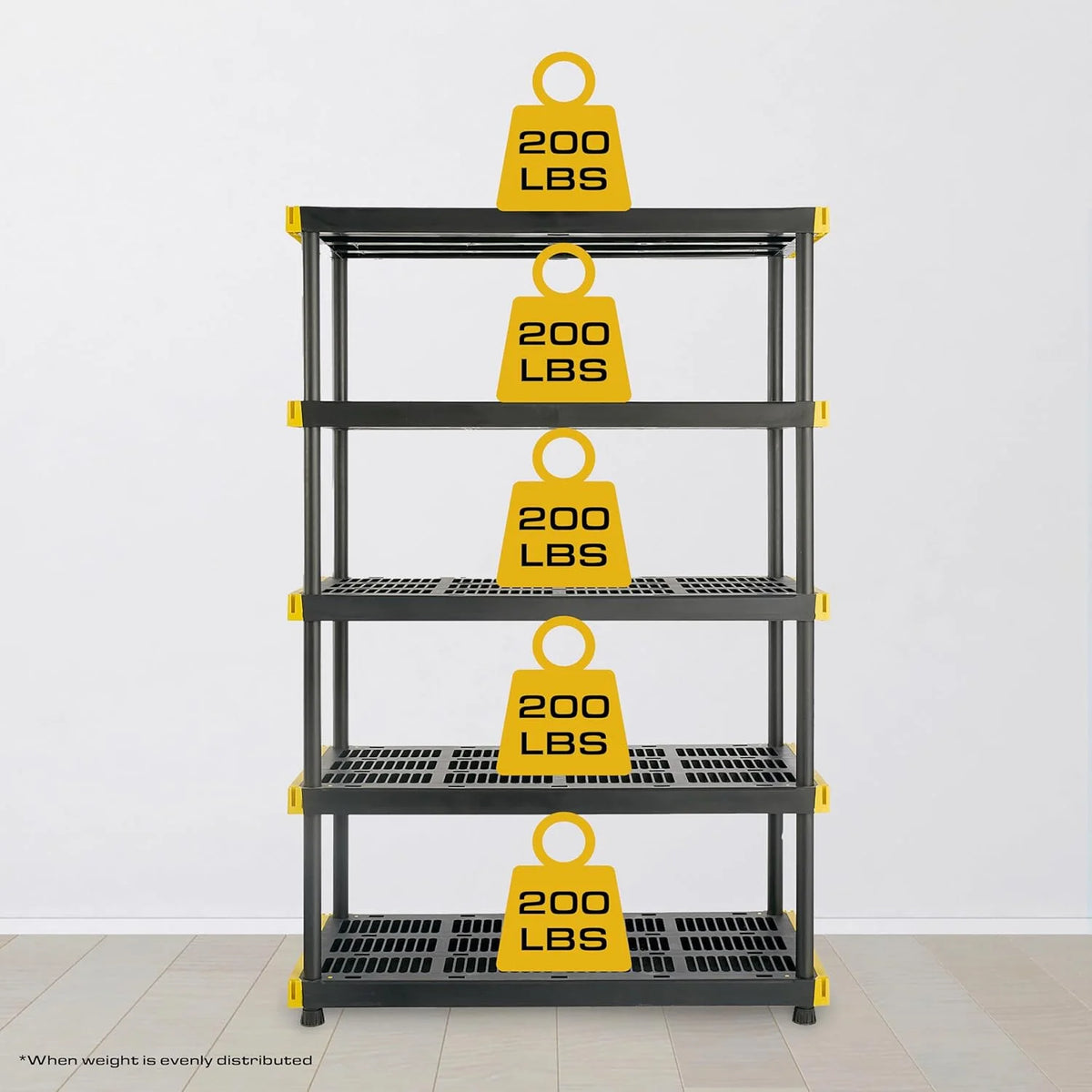 Black & Yellow, 5-Tier Heavy Duty Plastic Storage Shelving Unit, 200lbs/shelf (72 H x 48 W x 20 D), for Indoor/Outdoor Organization, Modular Rack