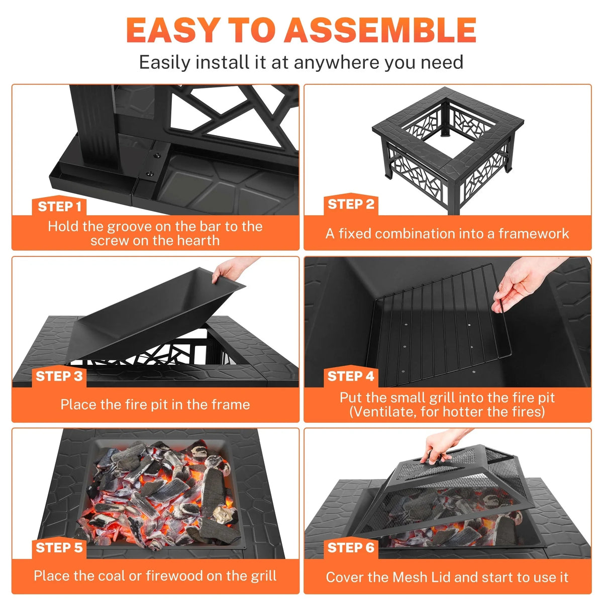 32" Fire Pits for Outside, SYNGAR Wood Burning Bonfire Fire Pit Table with Mesh Lid, Grate, BBQ Grill and Poker, Outdoor Metal Square Fire Pit for BBQ, Camping, Picnics, Backyard