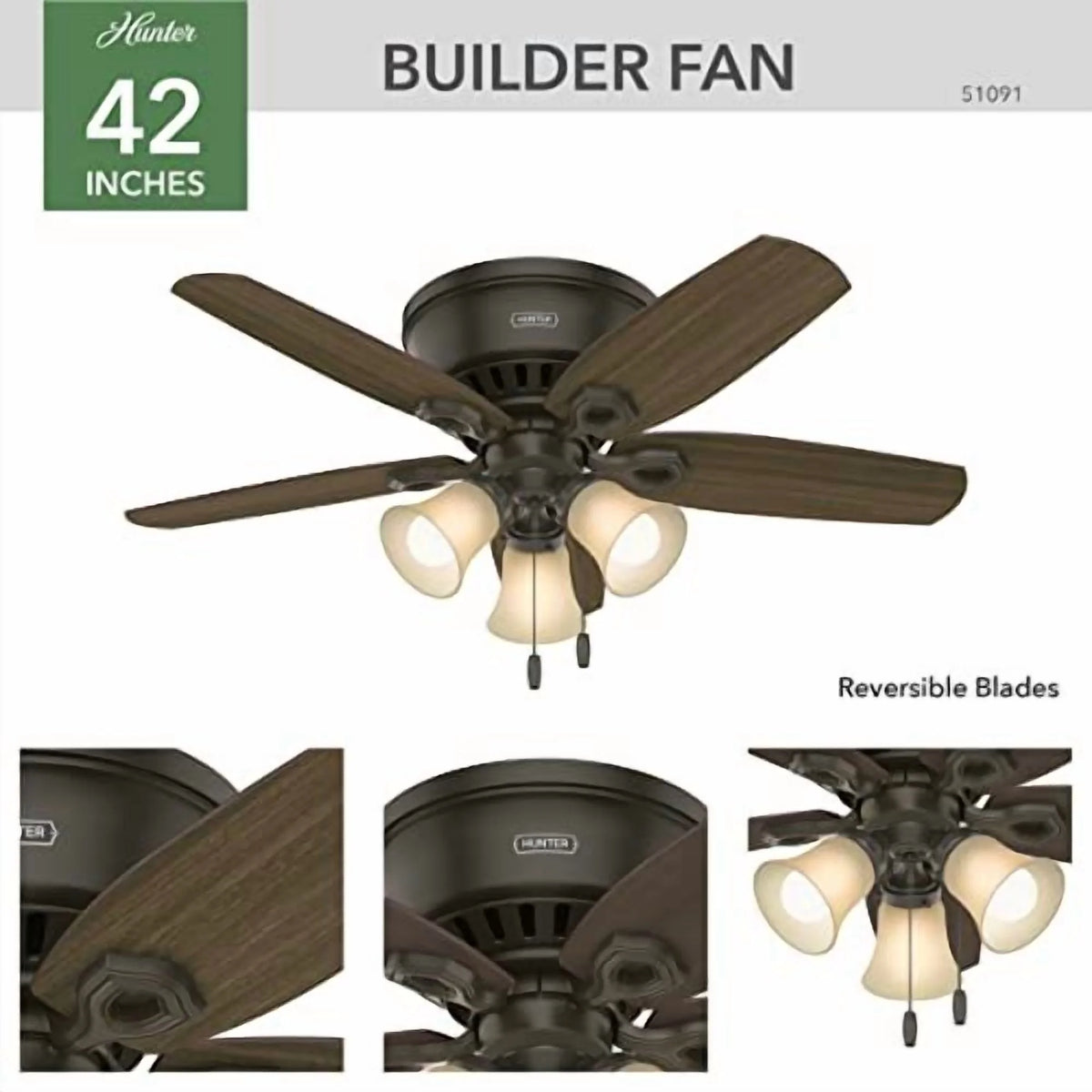 Hunter Fan Company, 51092, 42 inch Builder Brushed Nickel Low Profile Ceiling Fan with LED Light Kit and Pull Chain