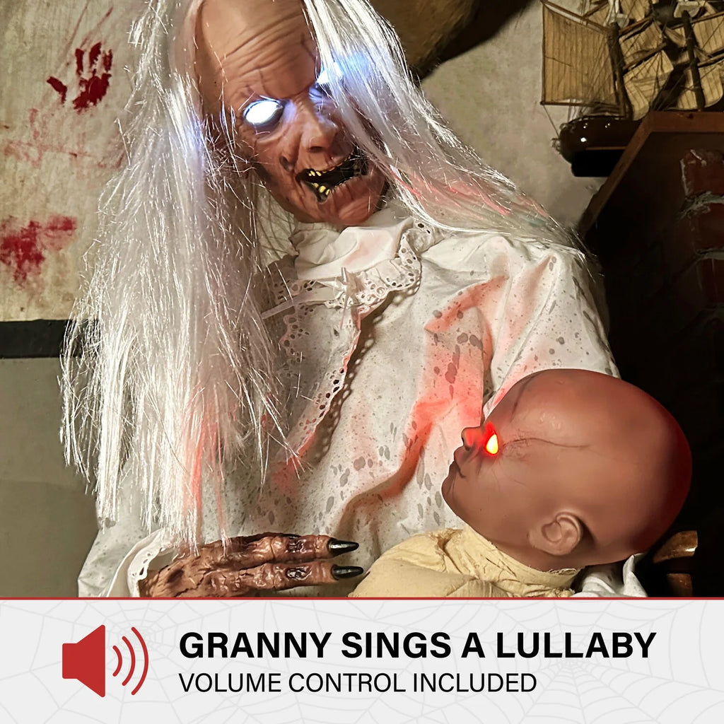 Haunted Hill Farm 2.9 ft Animatronic Gravely Granny by Tekky Halloween Decoration with Motion-Activated Sounds, HHGRVLYGRNY-1FLSA