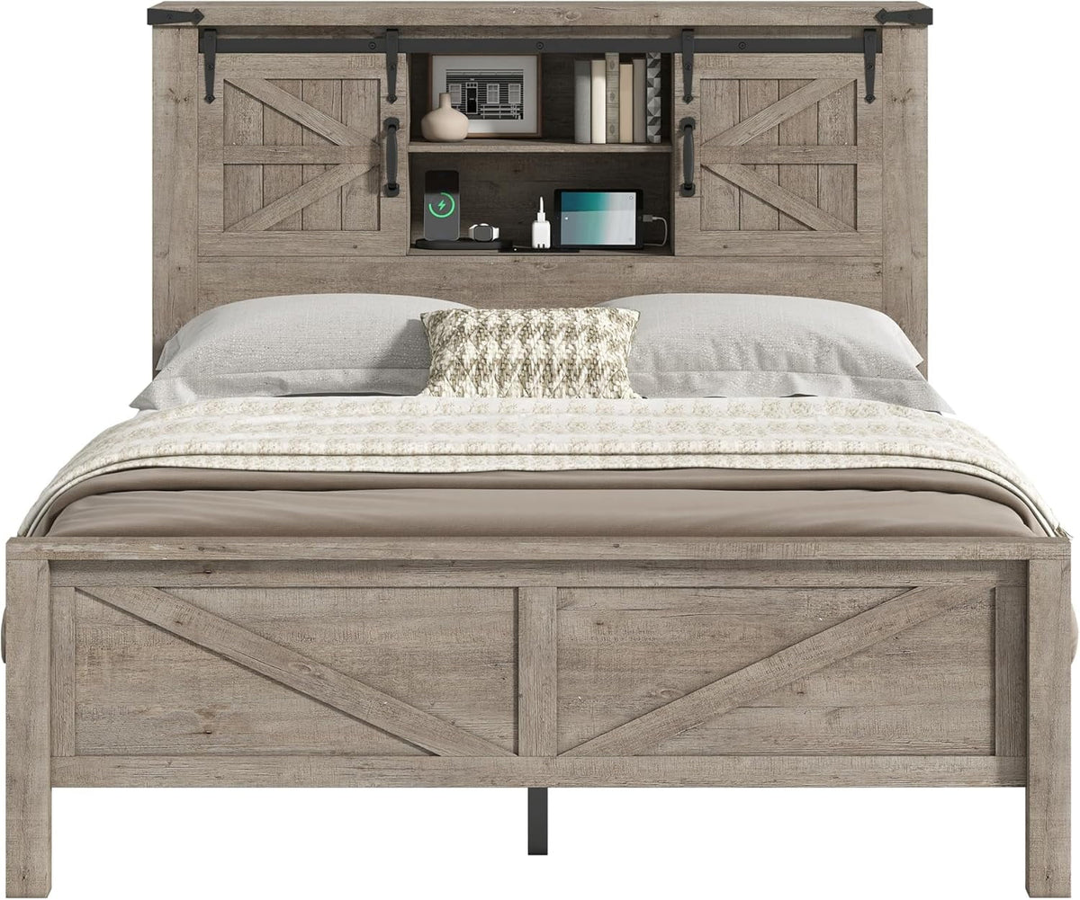 Merluxy Farmhouse Full Bed Frame with Storage Bookcase & Charging Station, Bedroom Furniture, Grey