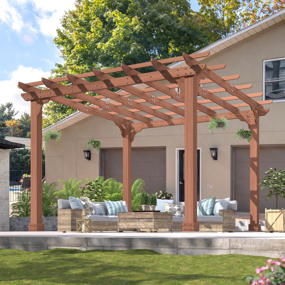 VEIKOUS 12'x10' Cedar Wood Pergola w/ Flat Roof and Ground Stakes for Outdoor Patio, Garden, Deck