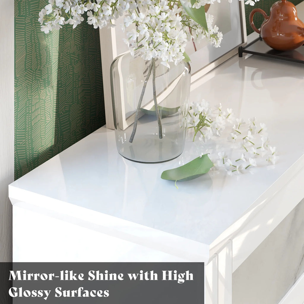 LUXOAK High-Gloss 6 Drawer Dresser, 54" Marble Chest of Drawers, Modern, White