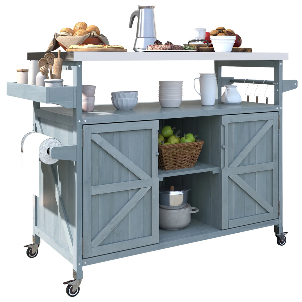 Outdoor Kitchen Island, Rolling Bar Cart & Storage Cabinet, Farmhouse Solid Wood Outdoor Grill Table with Stainless Steel Top, Spice Rack , Towel Rack for Kitchen & BBQ , Natural