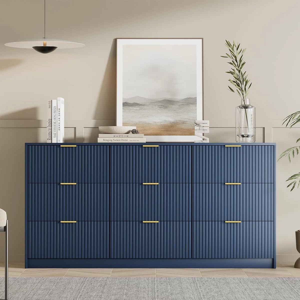 Furniway Fluted Large 9-Drawer Black Dresser