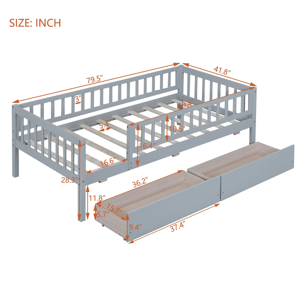 Holaki Twin Size Wood Bed with Guardrails and 2 Storage Drawers for Kids, Gray