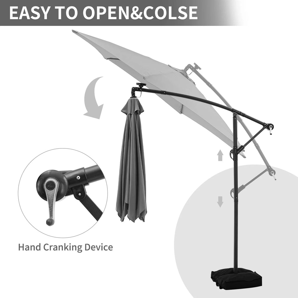 Ainfox 10ft Cantilever Patio Umbrella with Lights, Offset Market Umbrella with Sandbags Weighted Base and Cross Base,Khaki
