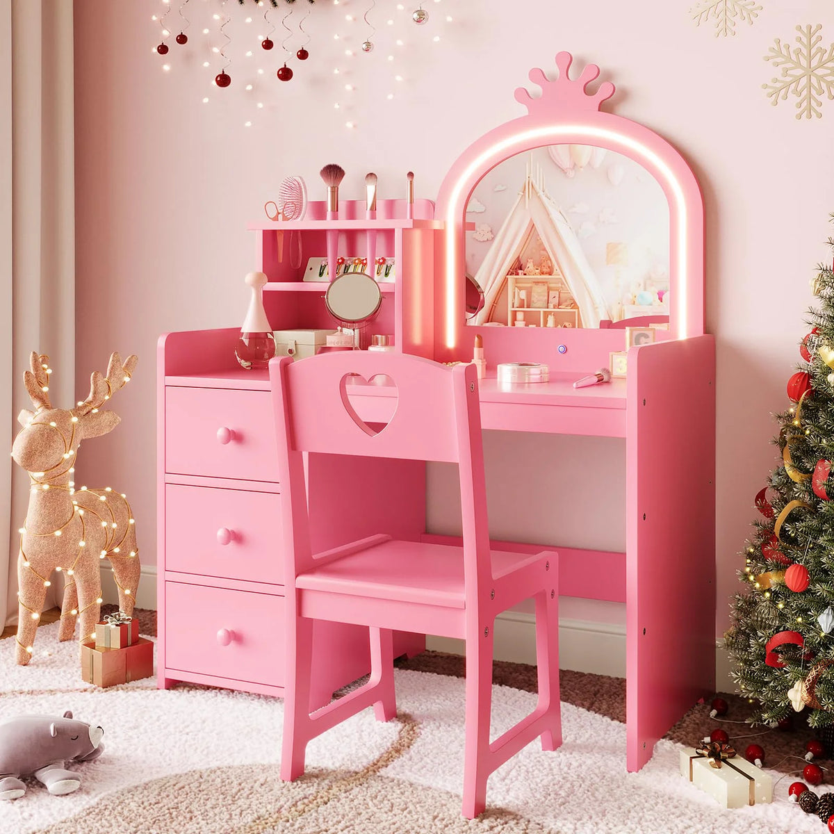 Yeshouse Princess Girls Makeup Vanity Table Set with Storage & Lights