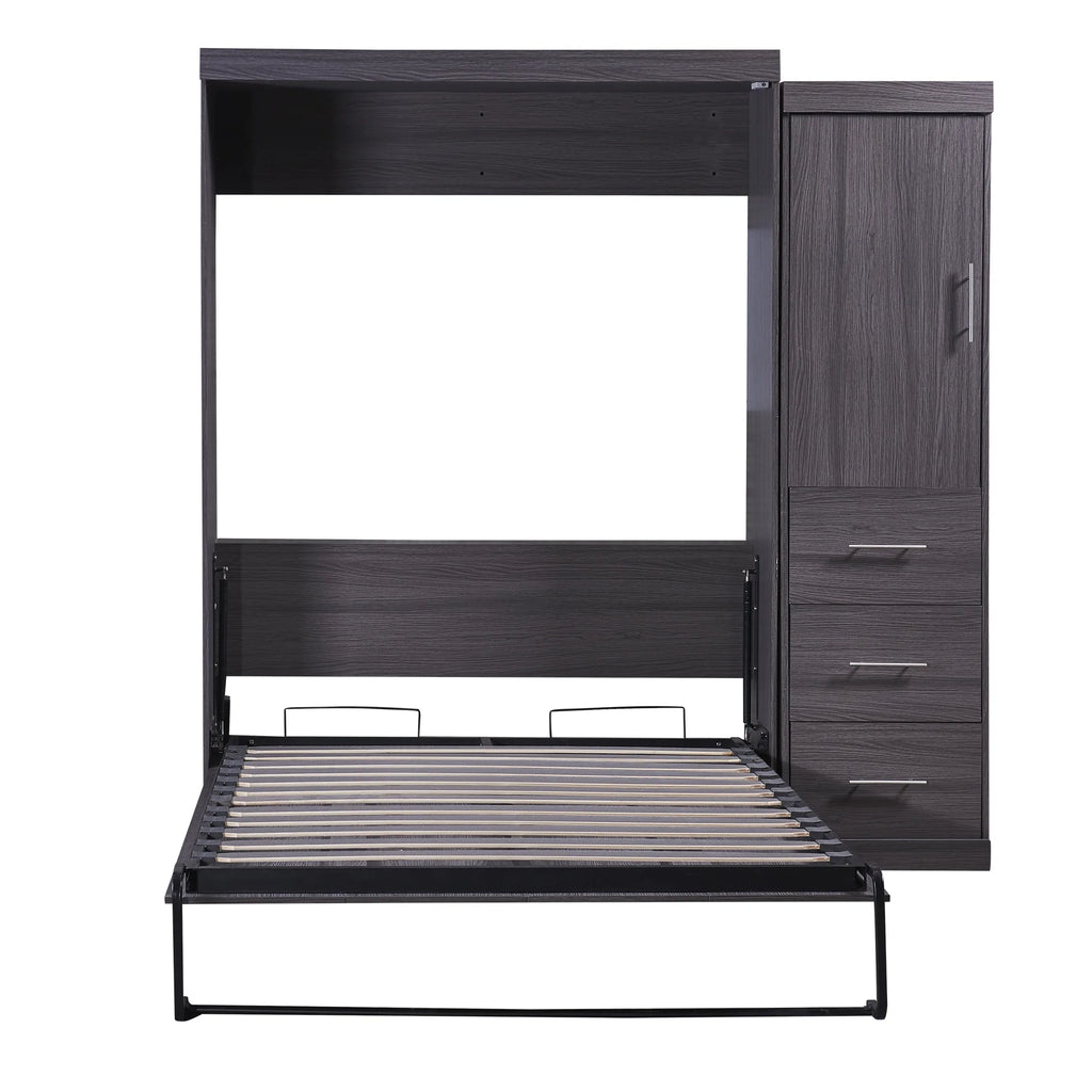 Euroco Wood Full Size Murphy Wall Bed with Wardrobe and Drawers for Living Room, Moveable Wardrobe and Drawers, Space-Saving & Easy Open and Close for Kids Teens Adults, Gray
