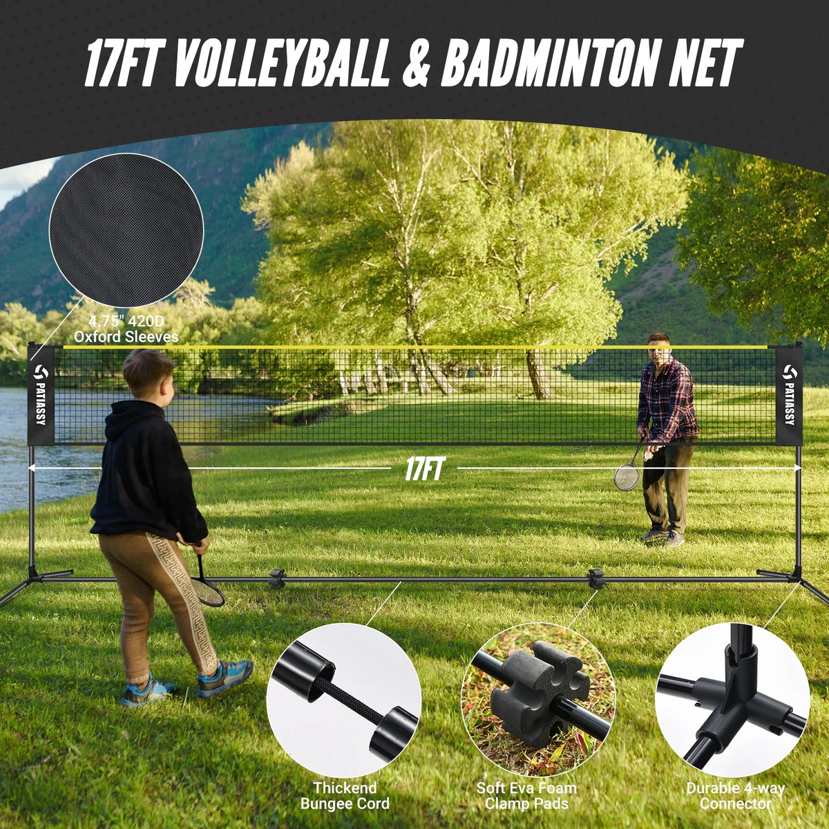 Patiassy 5.1ft-7.4ft Adjustable Height Volleyball Badminton Pickleball Net Set with Poles, 4 Rackets, 3 Shuttlecocks, 4 Pickleball Paddles , and Volleyball