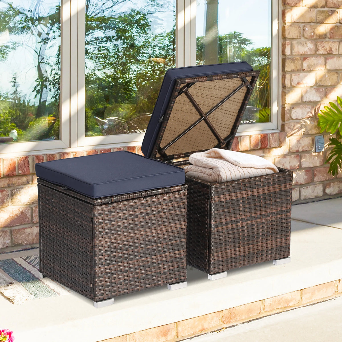 Costway 2PC Patio Rattan Ottoman Seat Side Table Storage Box Footrest Off White