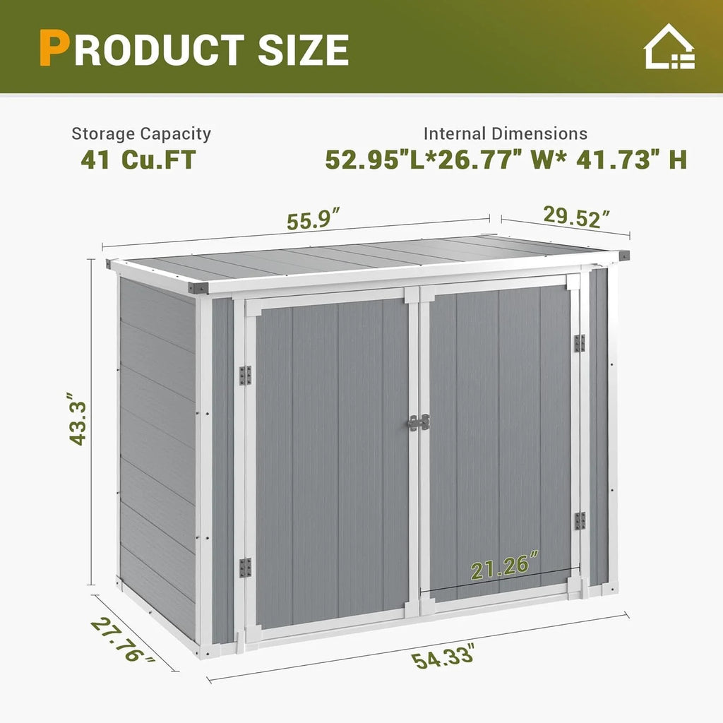 Shinpt Outdoor Storage Shed, 41 Cu Ft. All-Weather Resin Tool Shed, Lockable Double Door Shed for Storage of Garden Tools, Pool Accessories, Bikes, Garbage Bin, for Garden, Yard Lawn Pool