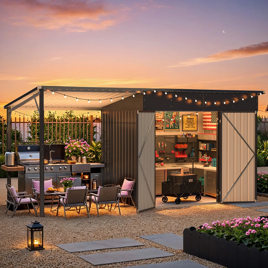 YODOLLA Outdoor Open-Sided Storage Shed, 3x5 Sheds & Outdoor Storage with 15 Sq. Ft Covered, 5x3 Small 2-in-1 Tool Shed with Attached Hardtop Metal Pergola Gazebo