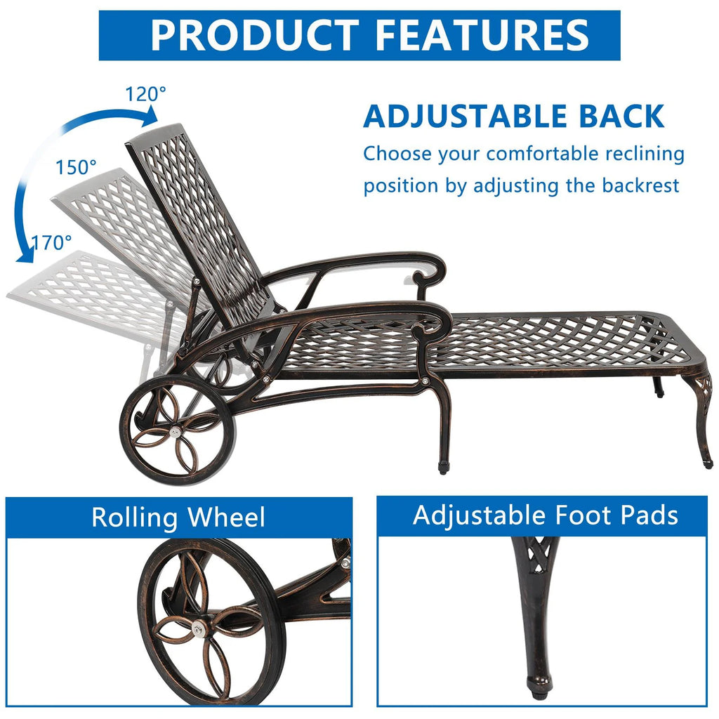 Zimtown Cast Aluminum Lounge Chair Adjustable Patio Recliner, Patio Chaise Chair, Heavy Duty Lying Bed for Garden, Poolside, Yard, Lawn, Black