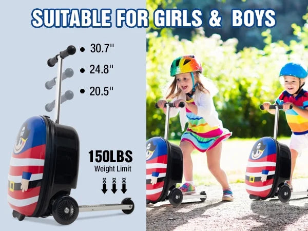 Kids Luggage Scooter, 3-Level Height Adjustable, Pirate Theme  Foldable Carry-On Suitcase, Lightweight Ride-On Scooter