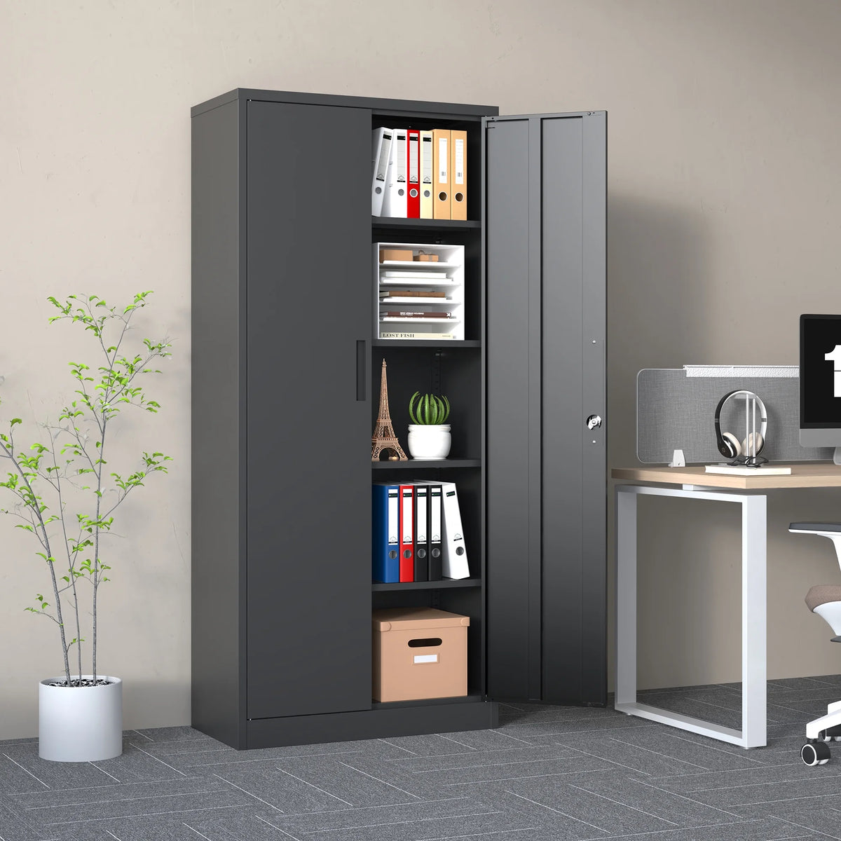 Garage Storage Cabinet with Doors and 4 Adjustable Shelves, Alvantor 72" Tall Metal Garage Cabinet , Lockable Tool Storage Cabinets for Garage, Home, Office Black