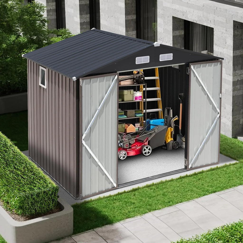 JOIVI 8'x6' Outdoor Storage Shed, Galvanized Metal Tool Storage Shed, Weather Resistant Garden Shed W/Lock for Backyard Patio Lawn, Brown