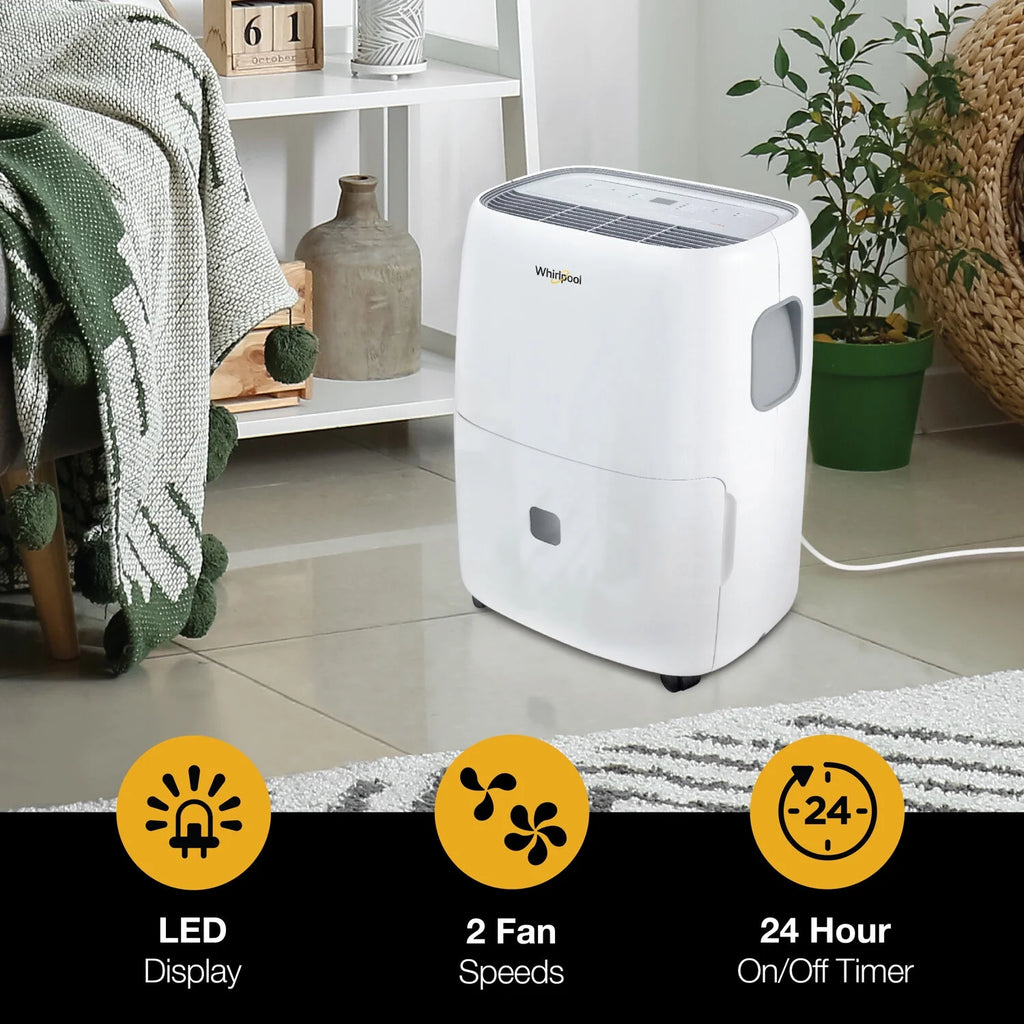 Whirlpool 30-Pint 3000 Sq ft Humidity Absorber Dehumidifier, Bedroom, Basement, Garage, WHAD301DW, New