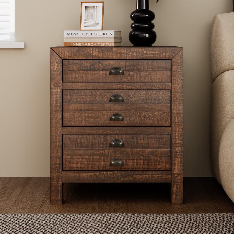 Rustic Farmhouse Style Three-Drawer Solid Pine Wood Nightstand  Set of 2,with Cup Pulls and Integrated Charge Station