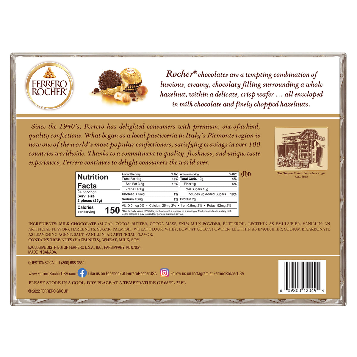 Ferrero Rocher, Milk Chocolate Hazelnut Candy, 21.2 oz, 48 Count