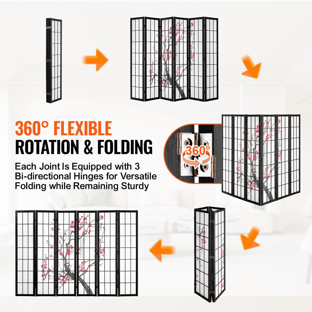 KFFKFF Partition Screen, 6-Section Indoor Privacy Barrier, Foldable Wooden Room Separator, Japanese-Style Portable Decorative Divider, Ideal for Living Space, Workspace, Dining Area