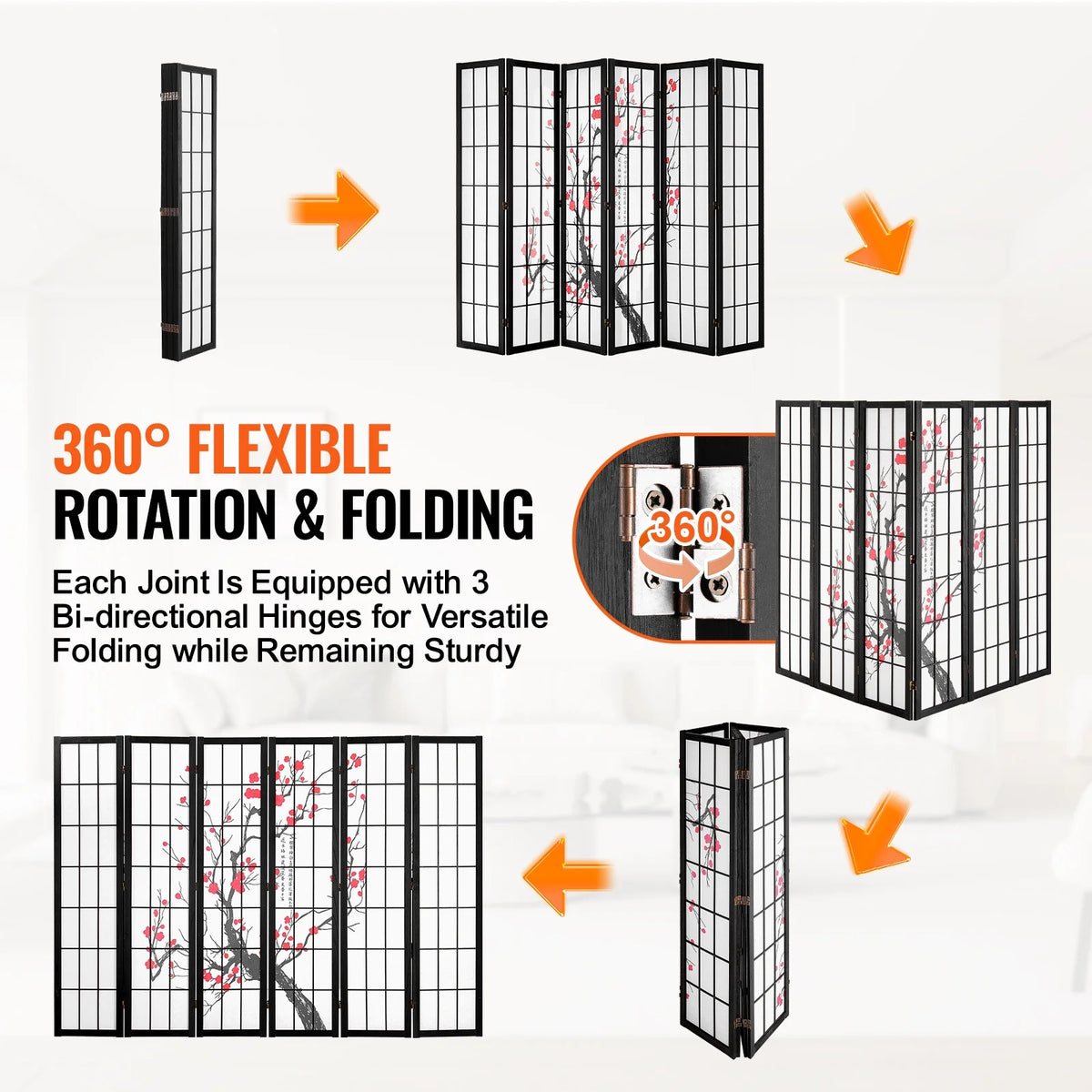 KFFKFF Partition Screen, 6-Section Indoor Privacy Barrier, Foldable Wooden Room Separator, Japanese-Style Portable Decorative Divider, Ideal for Living Space, Workspace, Dining Area