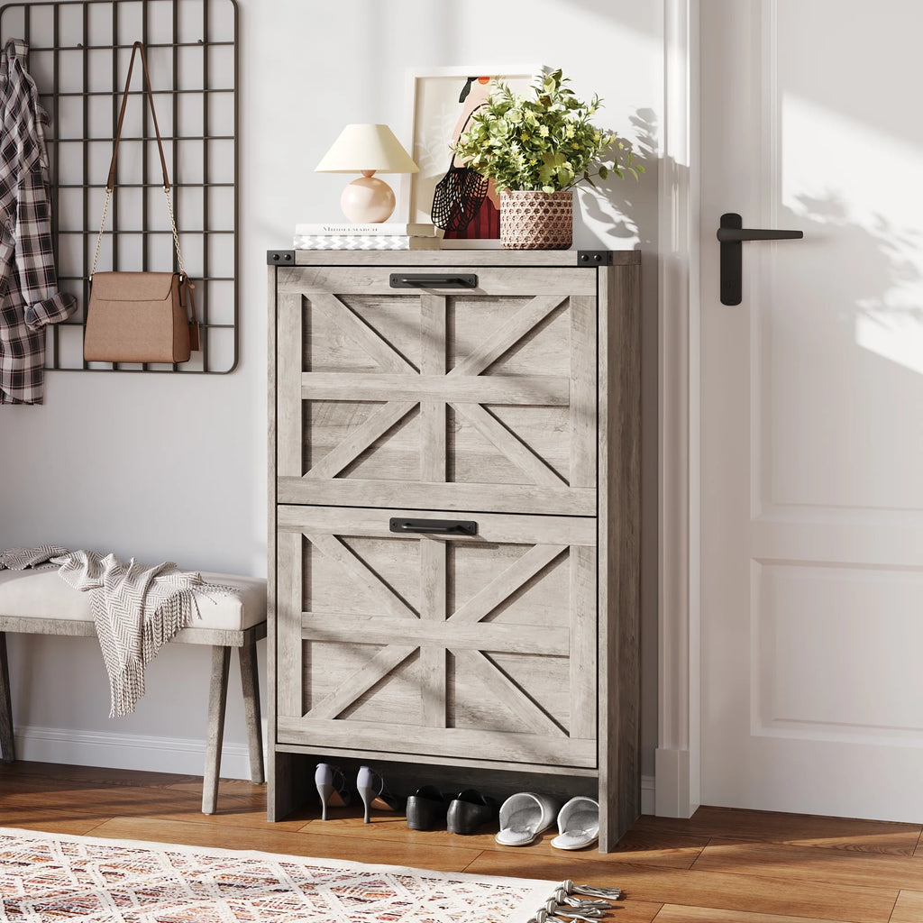 VEANERWOOD Shoes Storage Cabinet With Doors, Farmhouse Shoe Cabinet With 2 Flip Drawers For Entryway,Gray