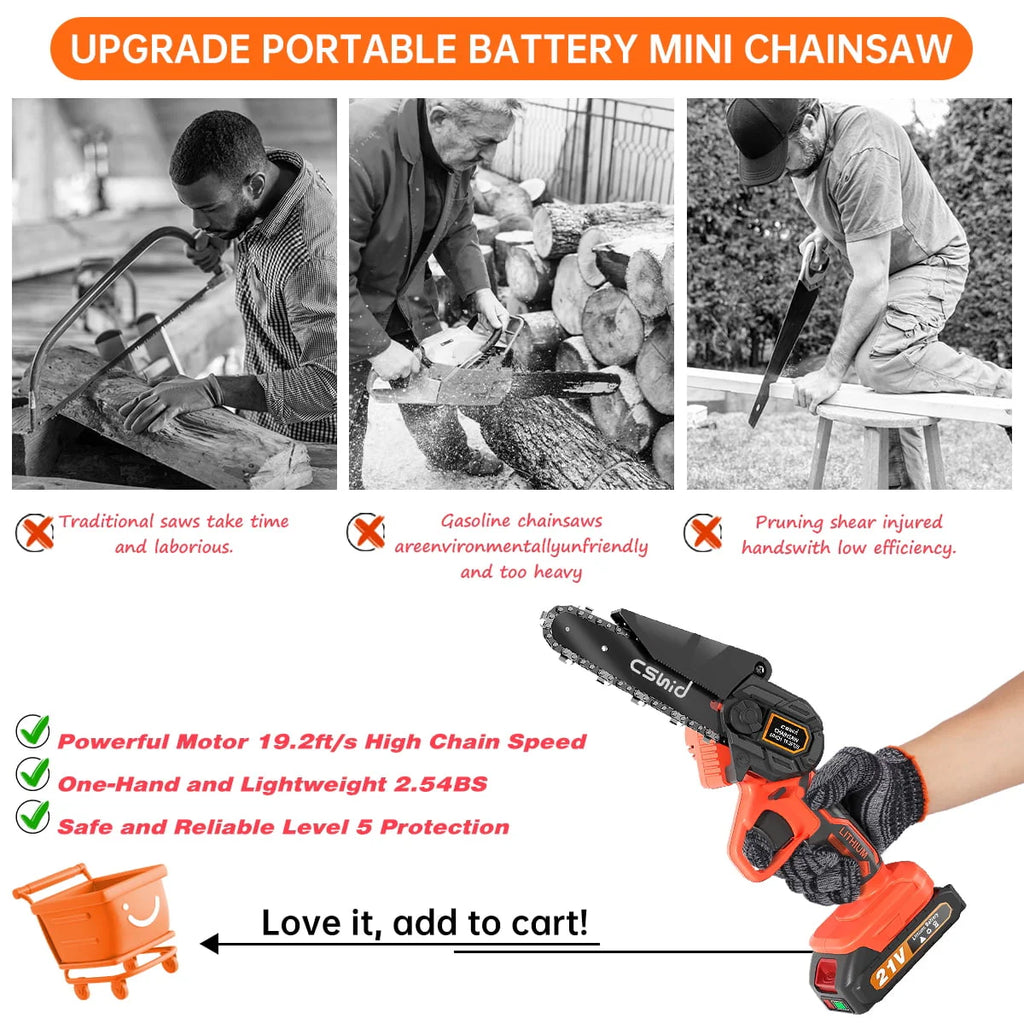 Mini Chainsaw Cordless with 2 Batteries 2 Chains, 2023 Upgrade 6 Inch Best Mini Chain Saw Cordless With Security Lock, Handheld Small Chainsaw for Wood Cutting Tree Trimming, Orange