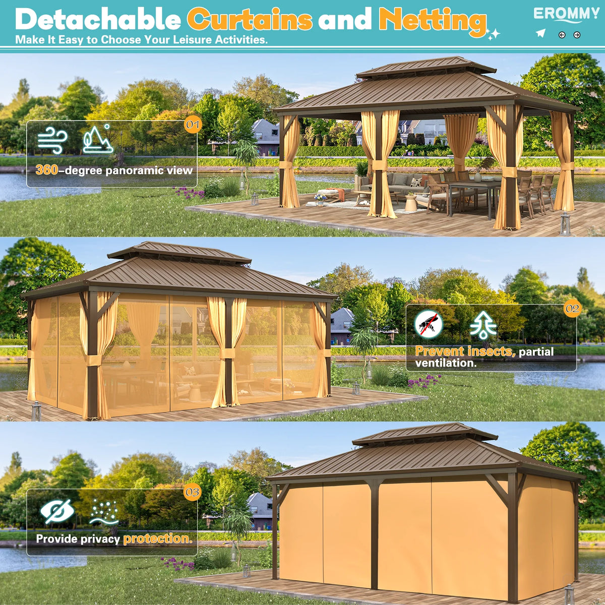 EROMMY 10'x12' Hardtop Gazebo with Galvanized Steel Double Roof & Aluminum Frame