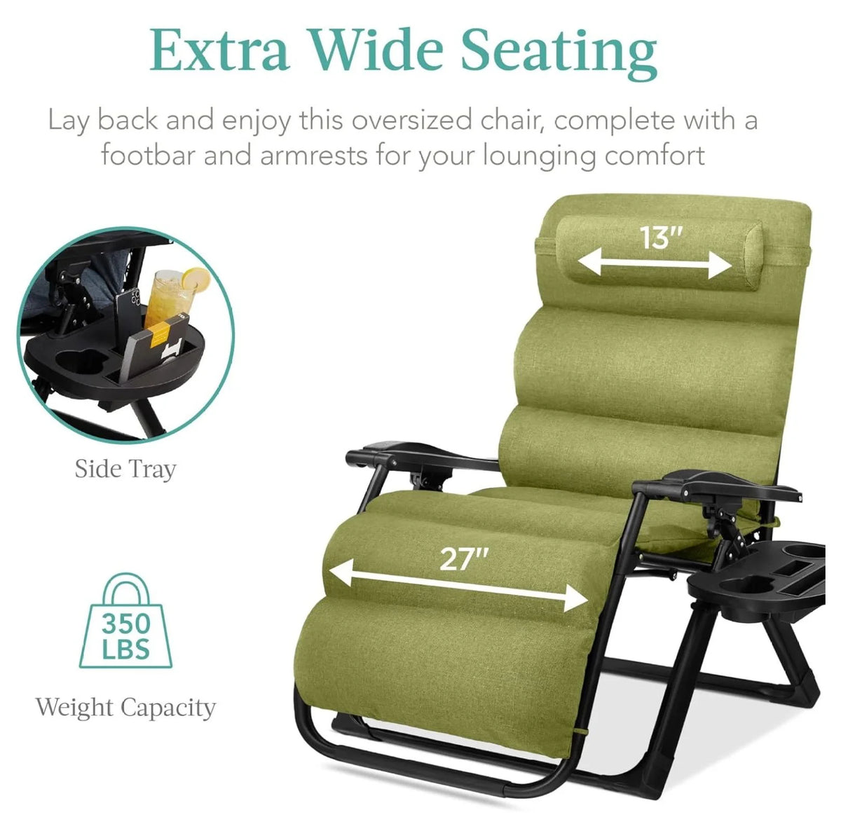 Oversized Chair, Folding Outdoor Patio Recliner, XL Anti Gravity Lounger w/Removable Cushion, Cup Holder, Side Tray, 350lb Capacity - Taupe
