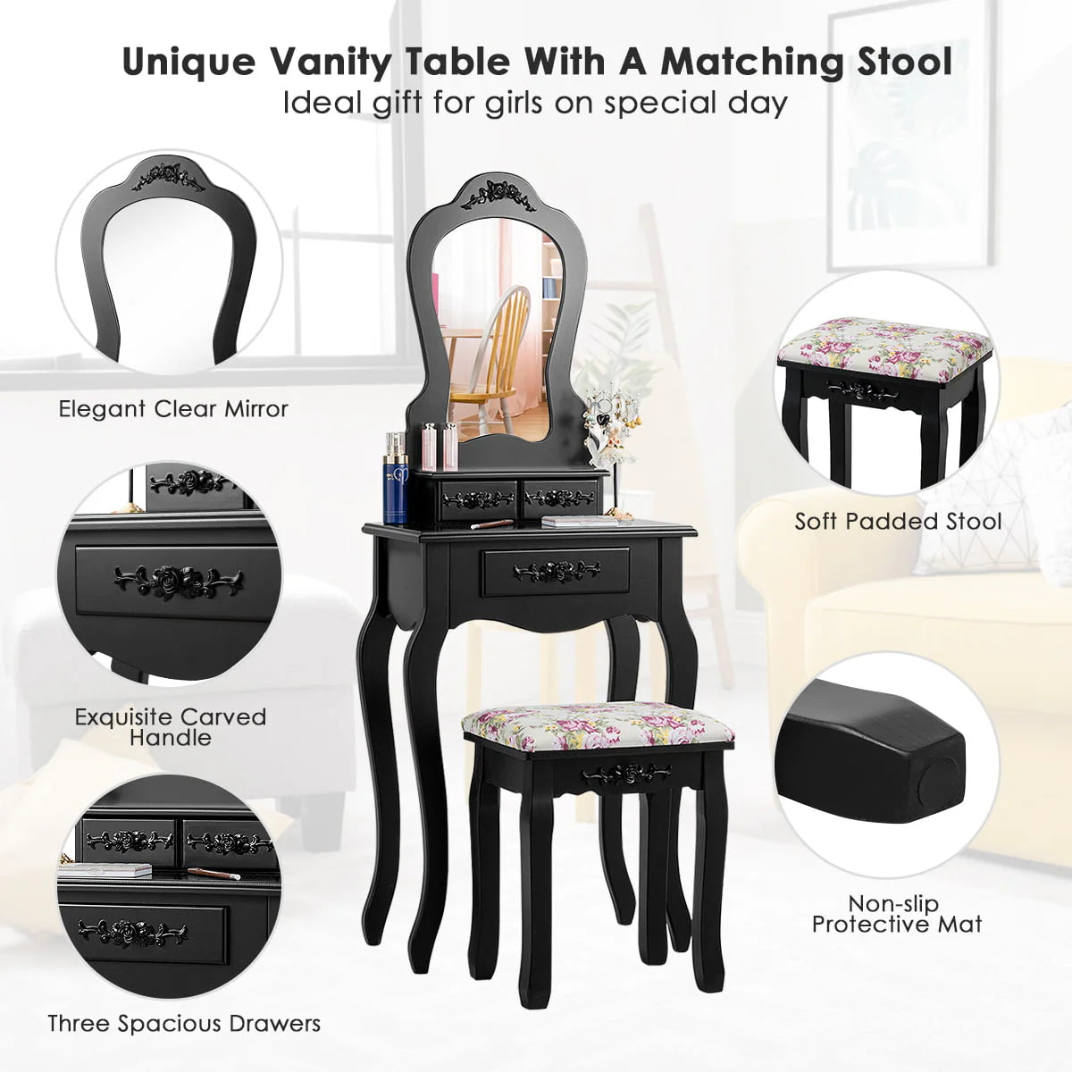 Topbuy Vanity Mirror Dressing Table Simple Style Beauty Dresser w/ Cushioned Bench Black