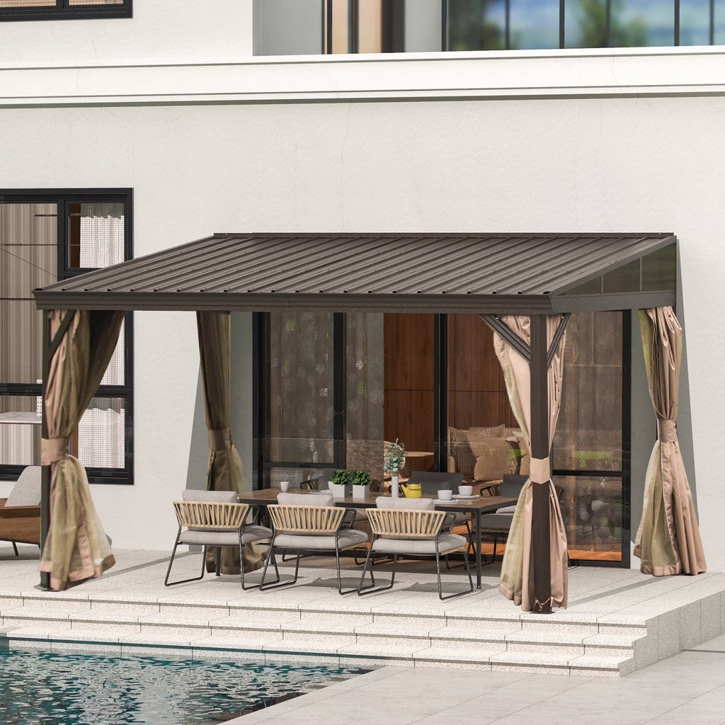Domi Outdoor Living 10' x 12' Hardtop Lean-to Gazebo, Wall-Mounted with Galvanized Steel Roof Wall Pergola with Aluminum Frame, Curtains and Netting, for Patio, Deck, Garden, Backyard