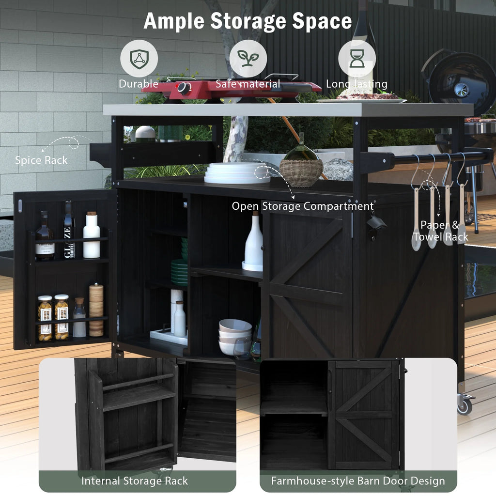 Outdoor Kitchen Island, Rolling Bar Cart & Storage Cabinet, Farmhouse Solid Wood Outdoor Grill Table with Stainless Steel Top, Spice Rack , Towel Rack for Kitchen & BBQ , Natural