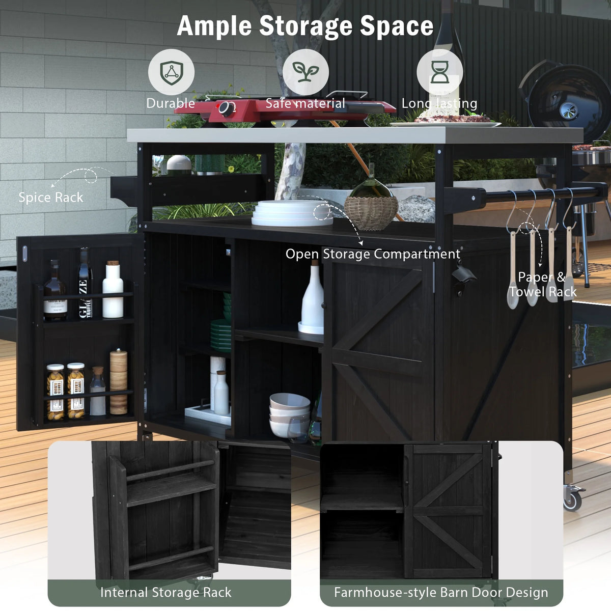 Outdoor Kitchen Island, Rolling Bar Cart & Storage Cabinet, Farmhouse Solid Wood Outdoor Grill Table with Stainless Steel Top, Spice Rack , Towel Rack for Kitchen & BBQ , Natural