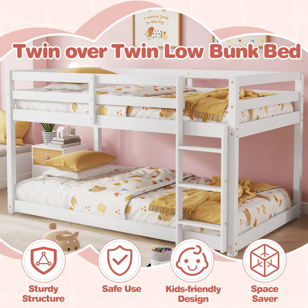 SESSLIFE Bunk Bed Twin Over Twin, Low Floor Bunk Bed with Guard Rails for Dorm, Small Space, No Box Spring Needed(White)