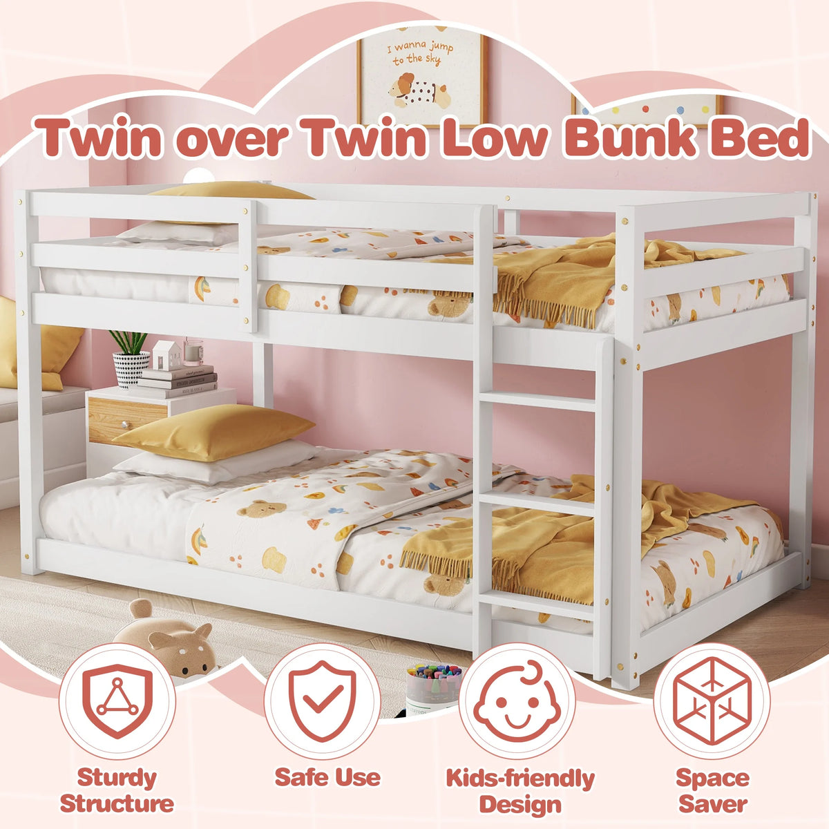 SESSLIFE Bunk Bed Twin Over Twin, Low Floor Bunk Bed with Guard Rails for Dorm, Small Space, No Box Spring Needed(White)