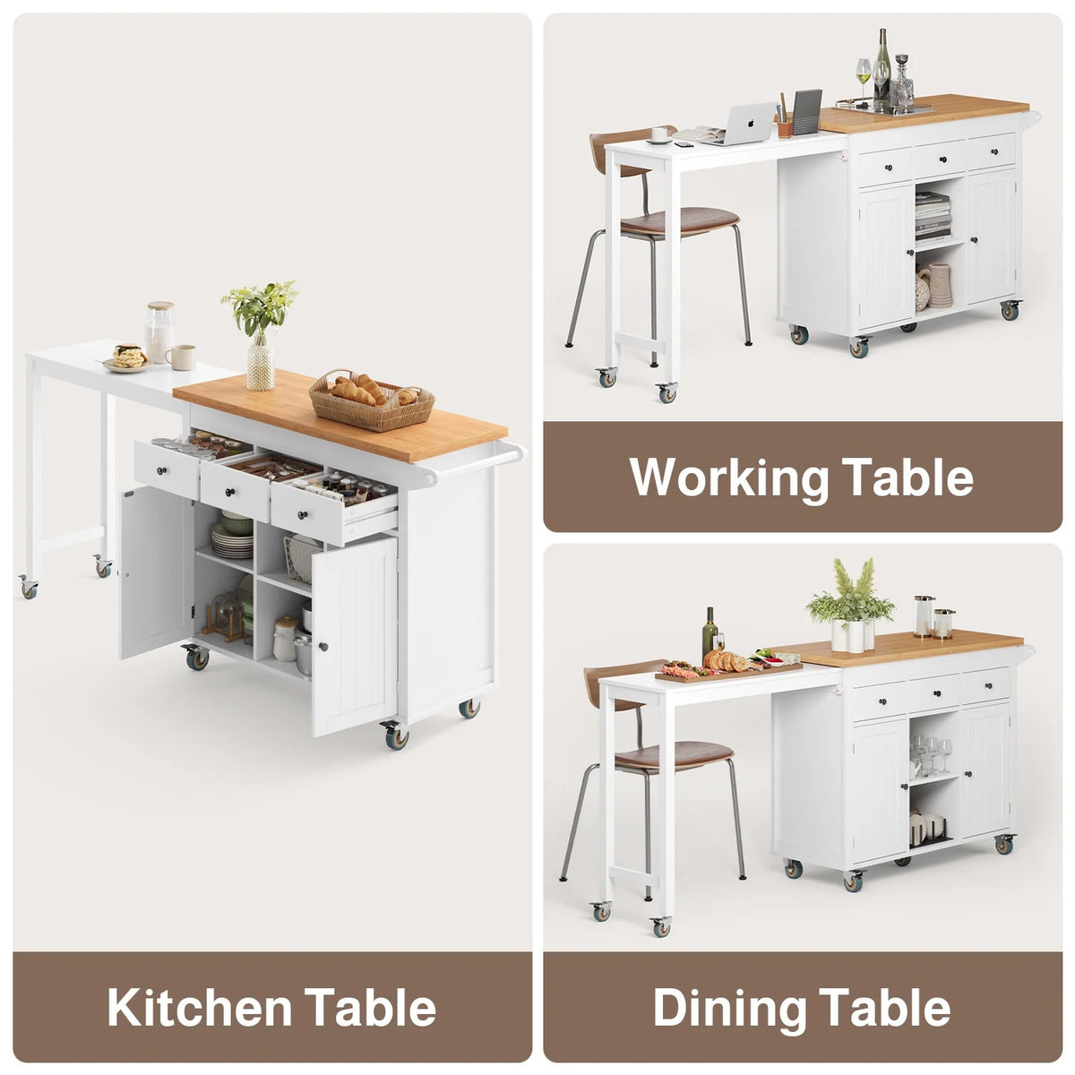 Noelse Rolling Kitchen Island with Drop Leaf Table and Hidden Trash Cabinet, Mobile Kitchen Cart with Storage Drawer, Adjustable Shelves & Rubberwood Countertop on Wheels, White