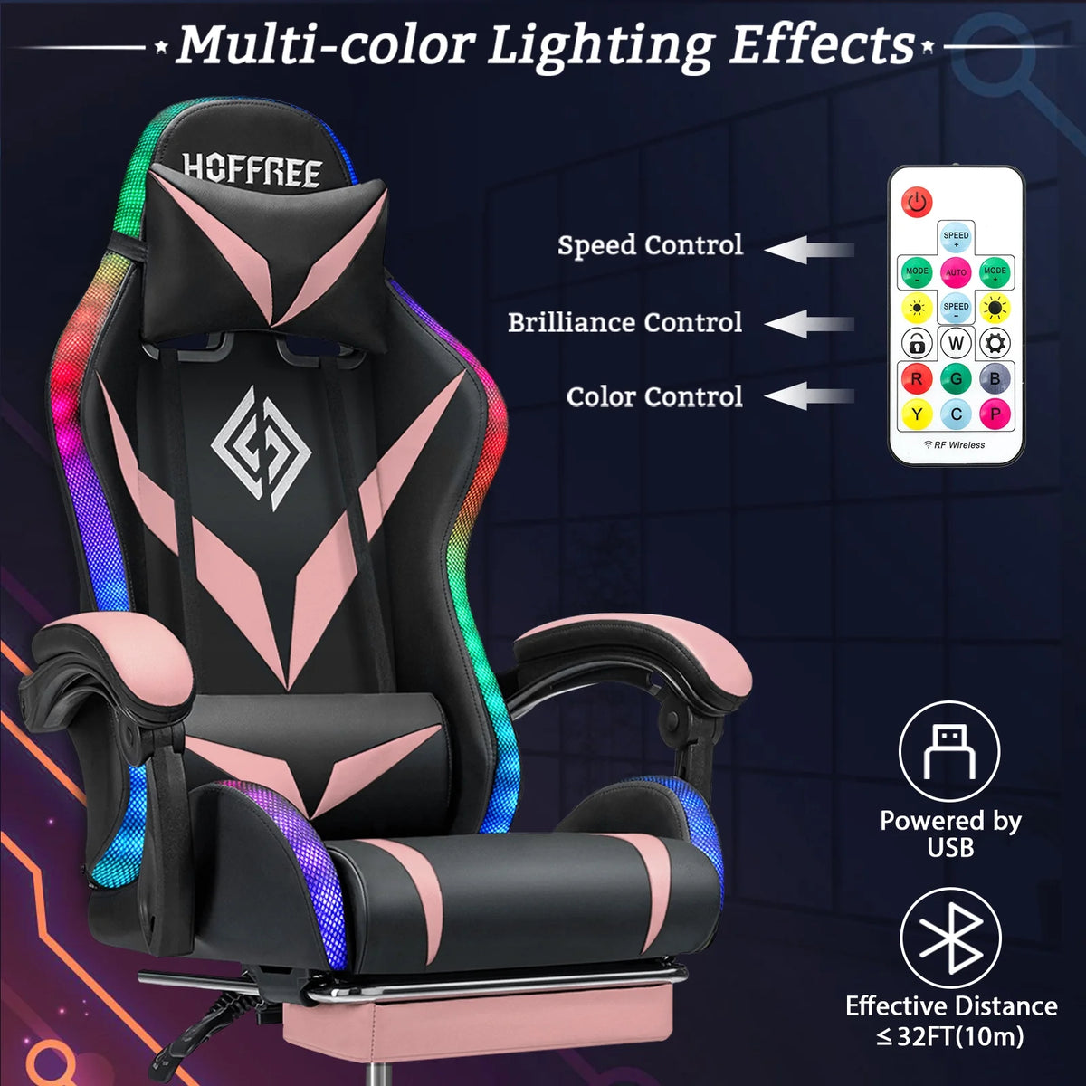Hoffree Gaming Chair with Speakers PU Leather Office Chair with Footrest and LED Lights Ergonomic Gamer Chair with Massage Lumbar Support and Headrest Adjustable Swivel for Home Office 300lb