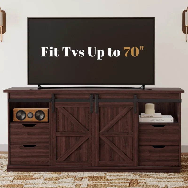 Vineego 70 inch Farmhouse TV Stand for Living Room, Entertainment Center with Sliding Barn Doors & 4 Storage Drawers, Adjustable Shelves Rustic Media Console for Bedroom,White