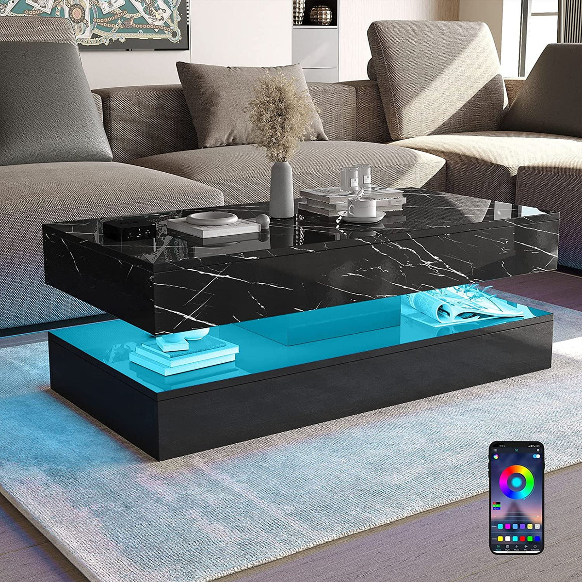 ChVans Large Black LED Coffee Table with 2 Storage Drawers, Modern High Gloss Coffee Table w/20 Colors LED Lights/APP Control, 2 Tiers Rectangle Large Living Room Furniture w/Marbling Print(47.3")