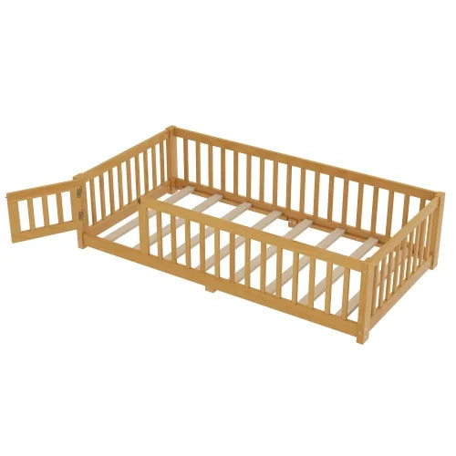 Bellemave Full Size Floor Bed with Door and Fence Floor Bed with Bed Slats Sturdy Wood Floor Bed Montessori Bed Frame (Full, Pink)