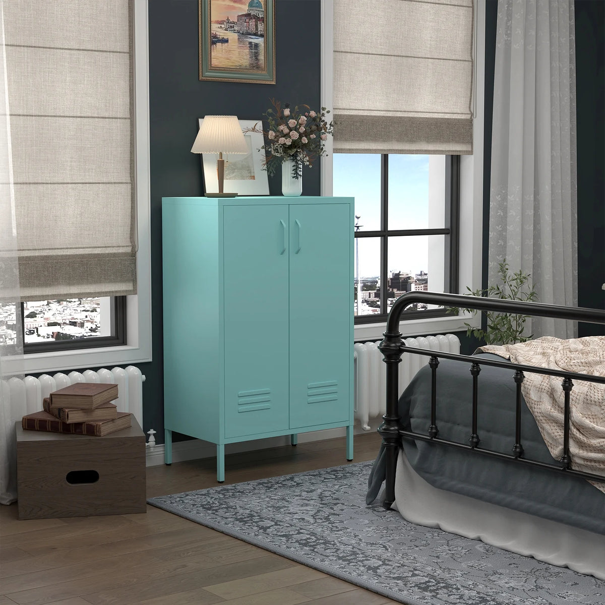 Marcree Green Metal Cabinet,2 Door Accent Cabinet,Metal Locker Cabinet with Legs,Sideboard Cabinet with Adjustable Shelves,Locker Storage Cabinet for Living Room,Entryway