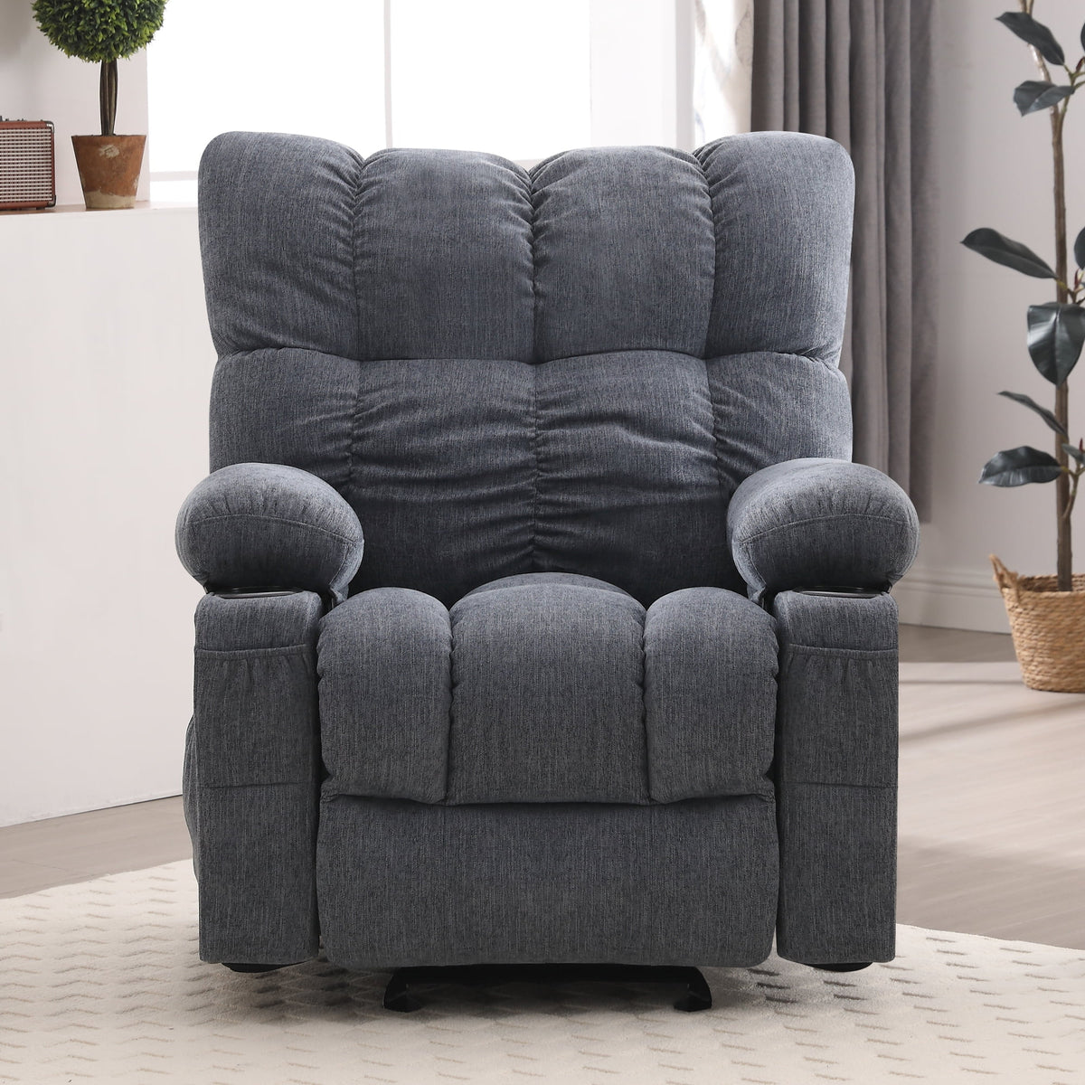 JONPONY Manual Recliner Chair with Heat Therapy and Massage Function, Heavy Duty Reclining Mechanism Massage Chair, Elderly Single Rocker Sofa with Cup Holders for Bedroom Home Theater,Grey