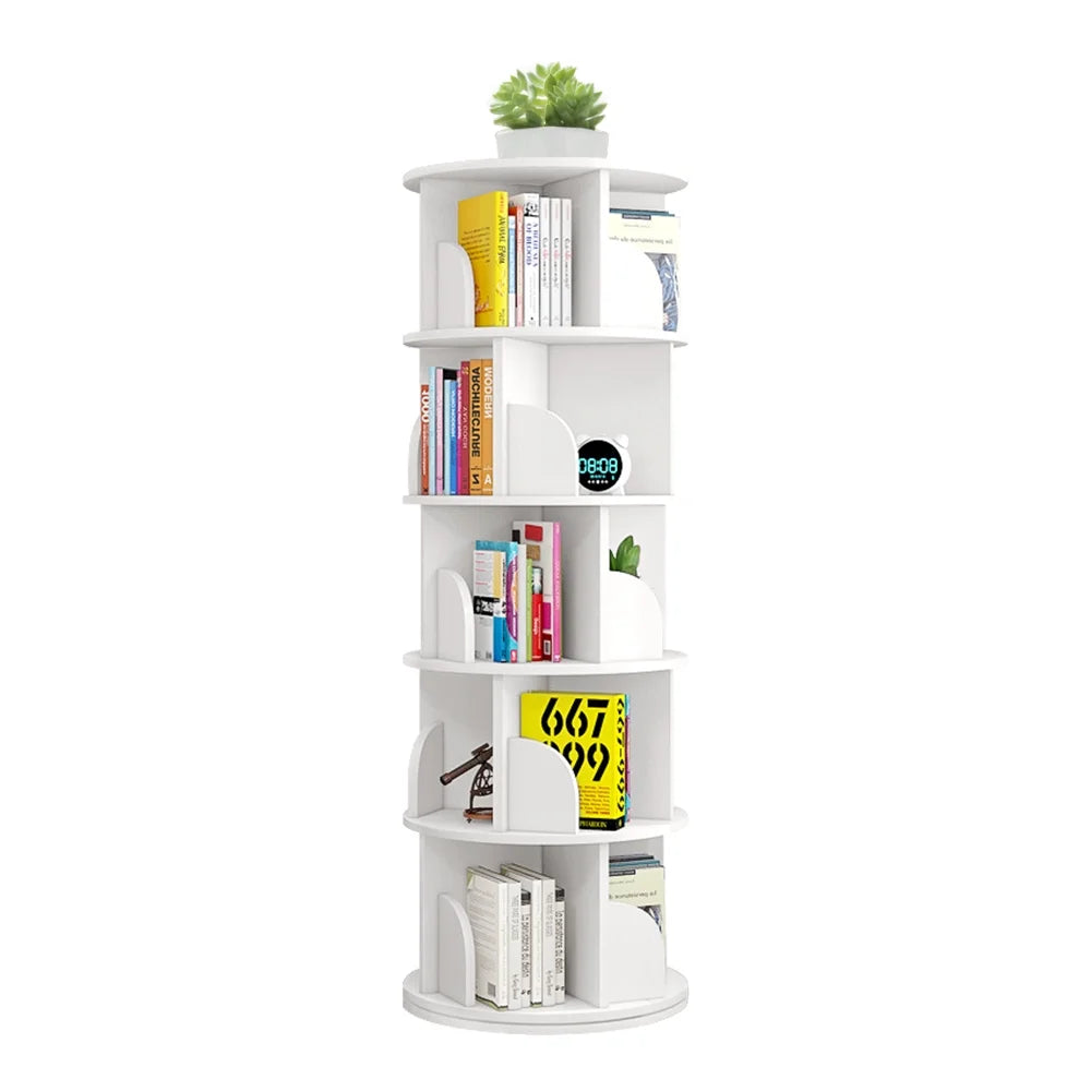 Bimiti 5 Tier Rotating Bookshelf, 360 Revolving Bookcase 20 Shelves Floor-Standing Storage Display Rack - White 63"x18"x18", Adult
