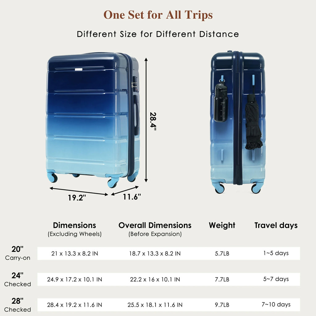 PAPROOS 3-Piece Luggage Set (20''/24''/28''), Hardshell Lightweight Suitcase with USB Port and Side Hooks, Travel Luggage with TSA-Lock, Hardside Rolling Luggage for School, Travel, Pink