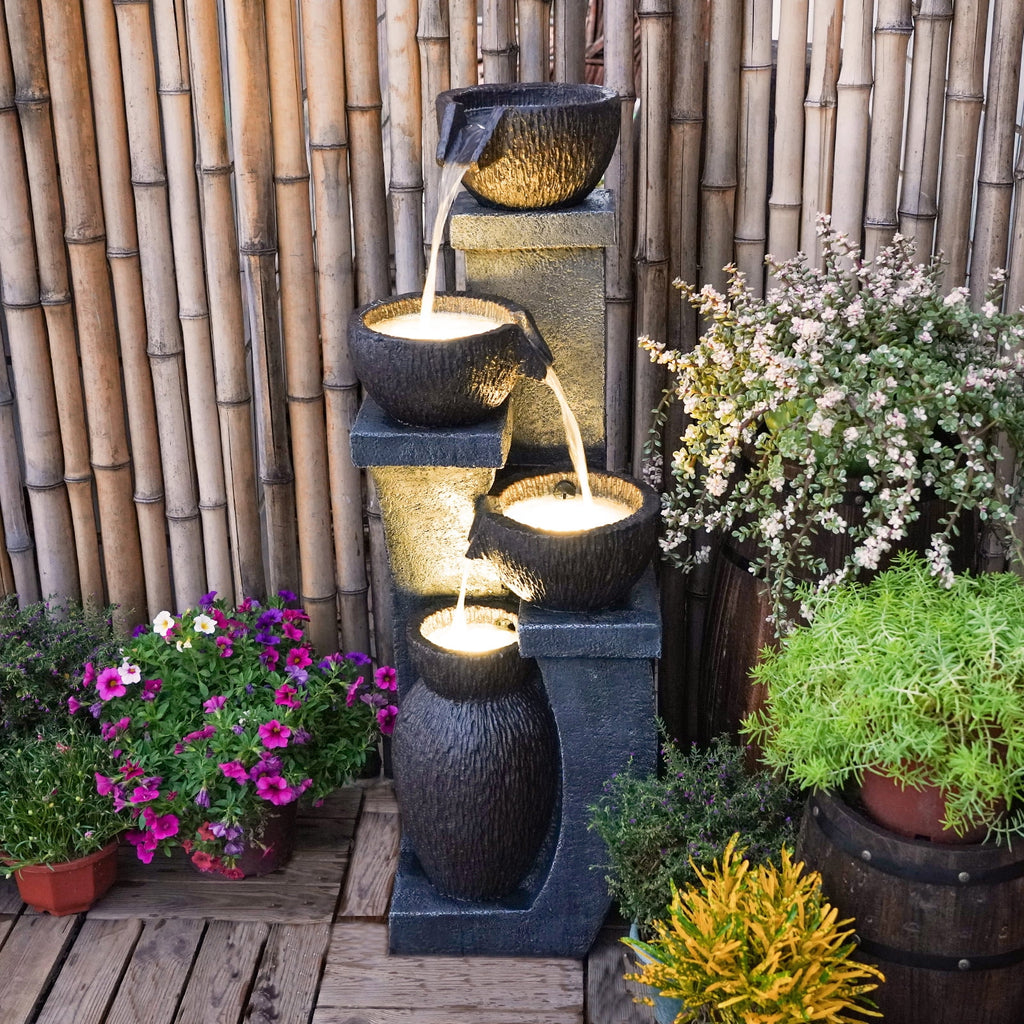 Outdoor Water Garden Fountain 37.40 H Waterfall Small Fountains Cascading Bowl and Jar Water Feature with LED Light for Backyard Patio Porch and Home Art Decor