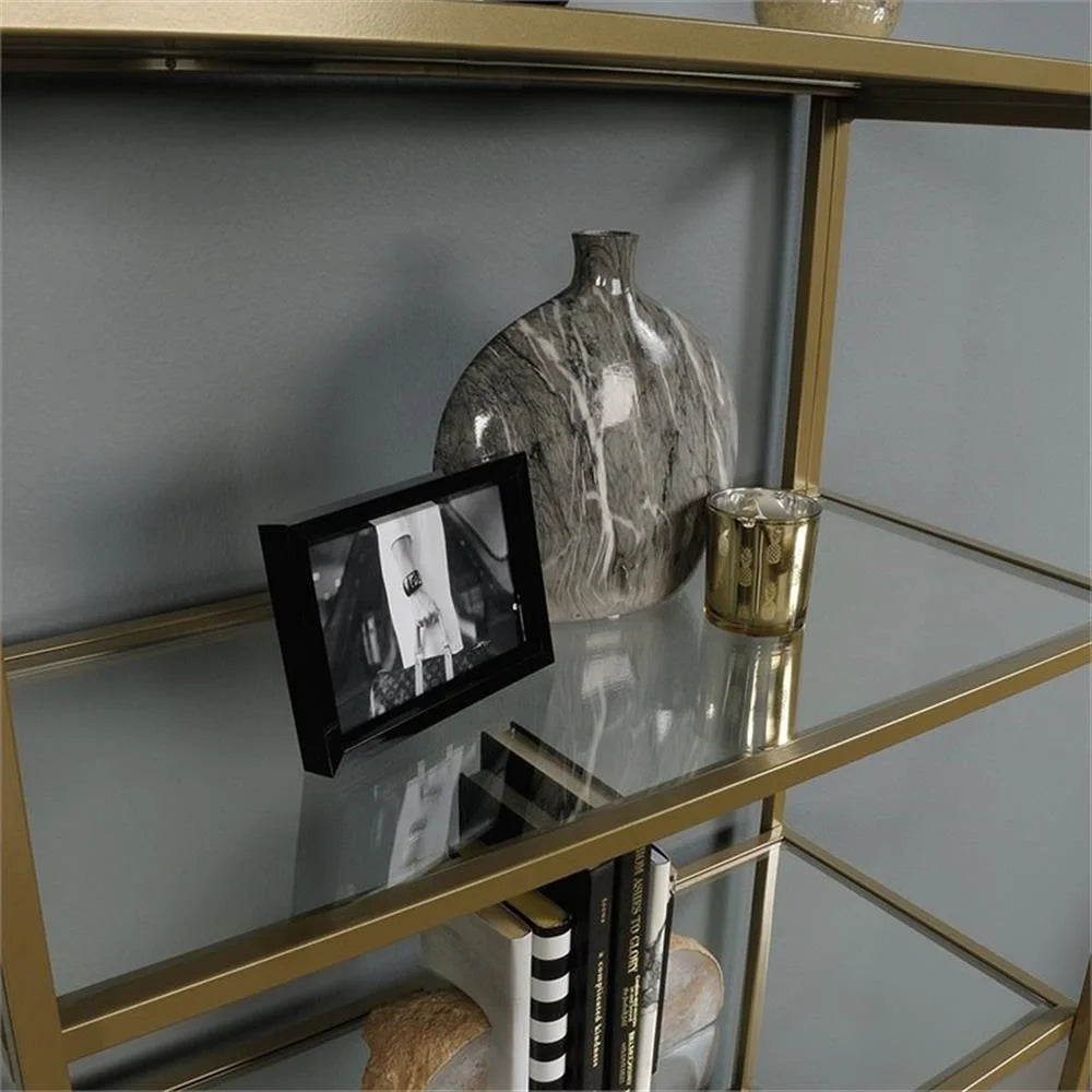 Pemberly Row 5-Shelf Modern Metal Bookcase in Gold Satin/Faux Deco Stone