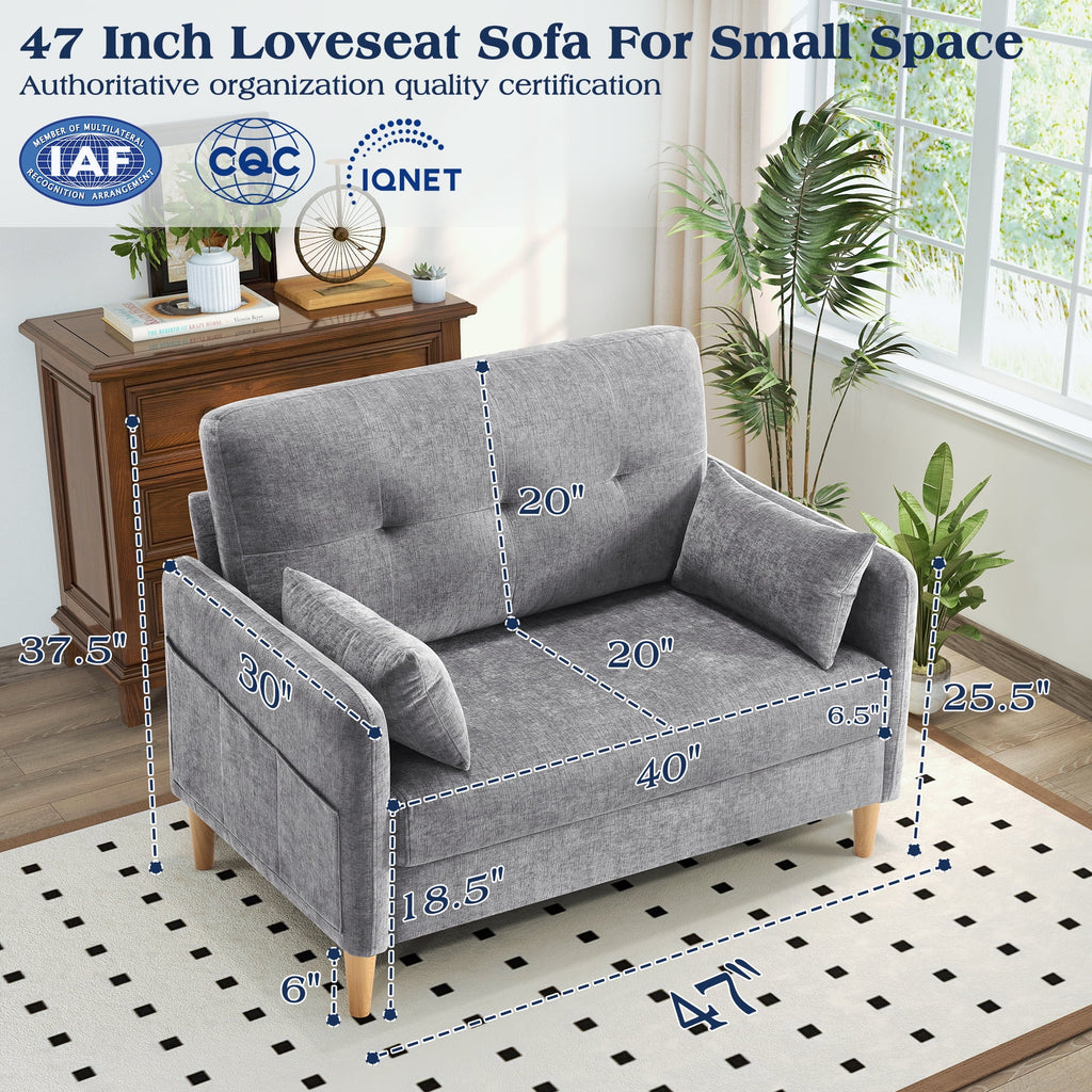 BedLuxury 47'' Wide LoveSeat, 2-seat Chenille sofa with 2 Pillows for Living Room and Small Spaces, Dark Grey